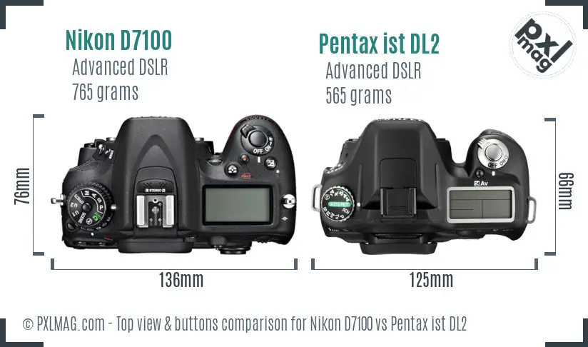 Nikon D7100 vs Pentax ist DL2 top view buttons comparison