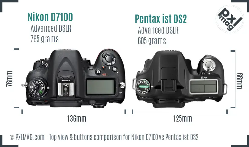 Nikon D7100 vs Pentax ist DS2 top view buttons comparison