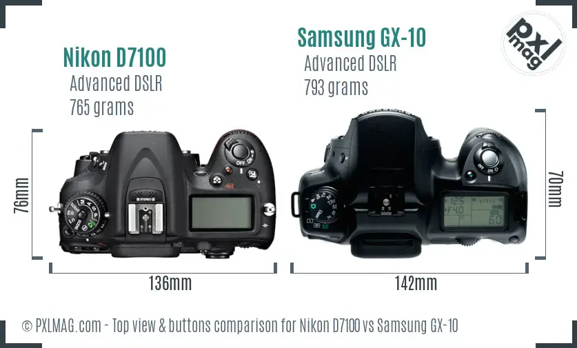 Nikon D7100 vs Samsung GX-10 top view buttons comparison