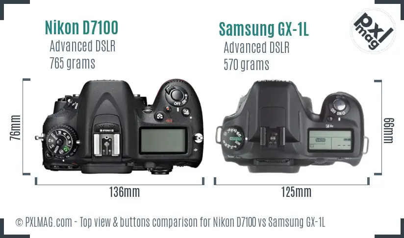 Nikon D7100 vs Samsung GX-1L top view buttons comparison
