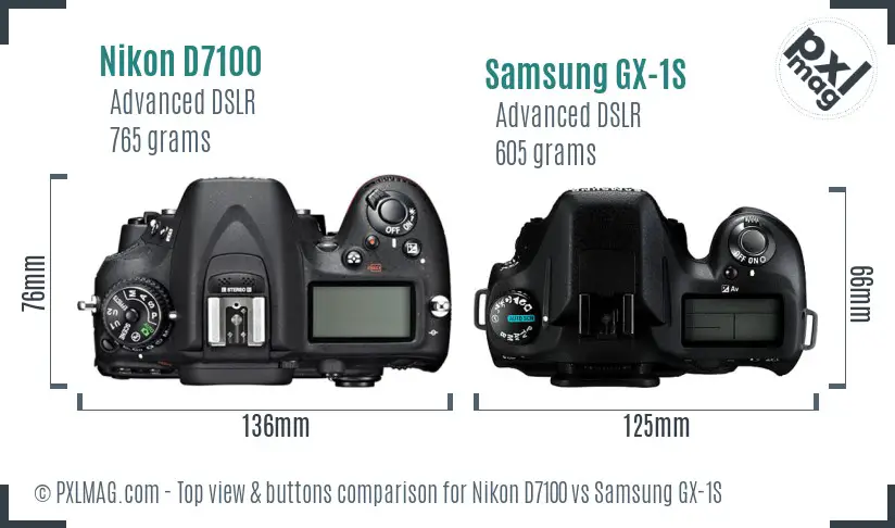 Nikon D7100 vs Samsung GX-1S top view buttons comparison