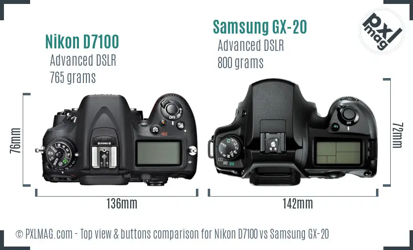 Nikon D7100 vs Samsung GX-20 top view buttons comparison