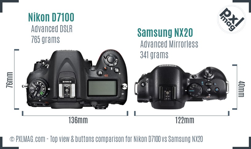 Nikon D7100 vs Samsung NX20 top view buttons comparison