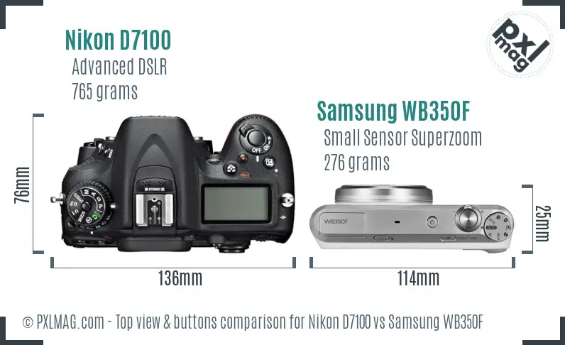 Nikon D7100 vs Samsung WB350F top view buttons comparison