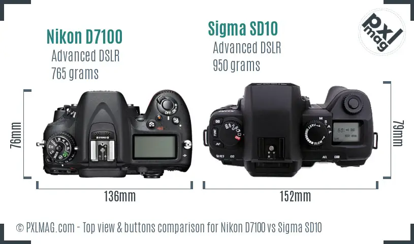 Nikon D7100 vs Sigma SD10 top view buttons comparison