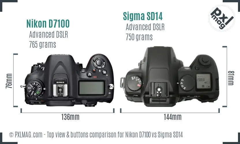 Nikon D7100 vs Sigma SD14 top view buttons comparison