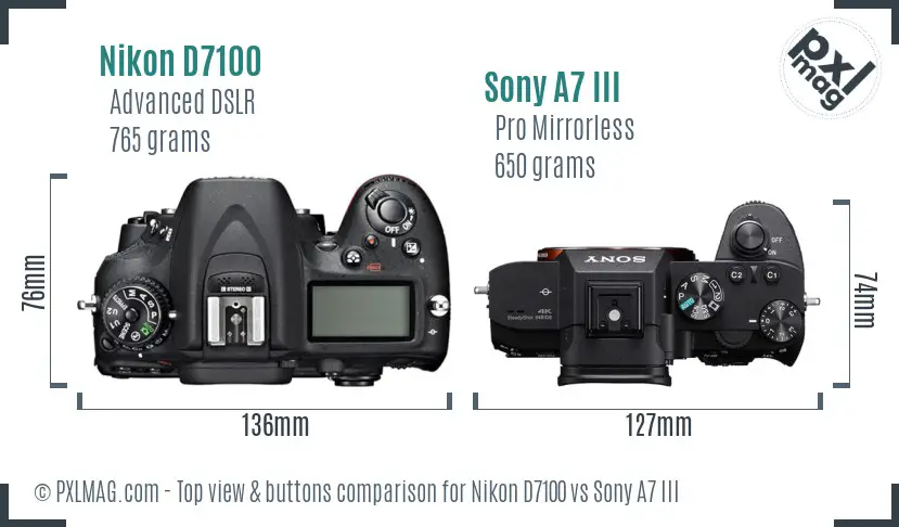 Nikon D7100 vs Sony A7 III top view buttons comparison