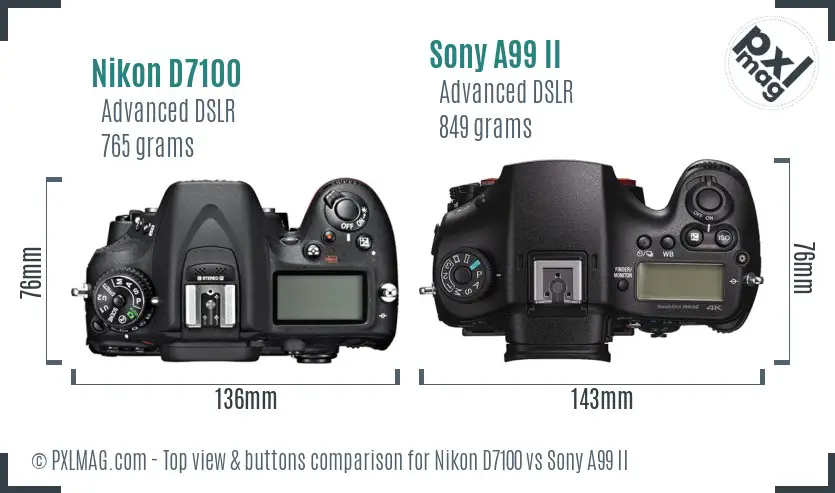 Nikon D7100 vs Sony A99 II top view buttons comparison