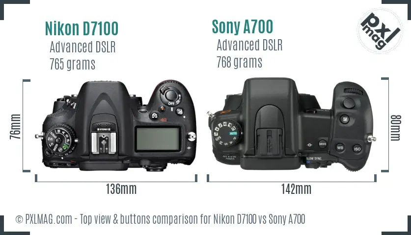 Nikon D7100 vs Sony A700 top view buttons comparison