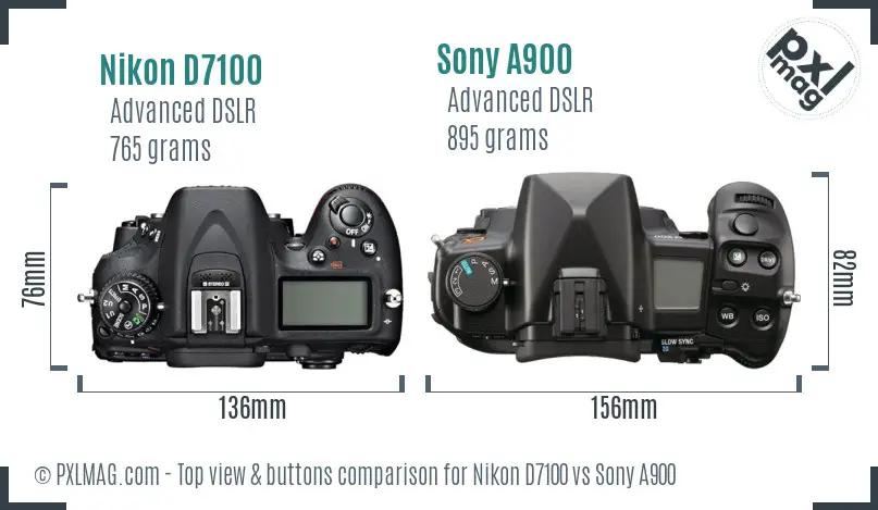 Nikon D7100 vs Sony A900 top view buttons comparison