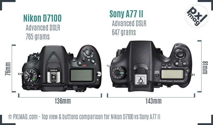 Nikon D7100 vs Sony A77 II top view buttons comparison