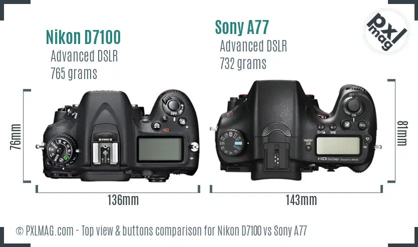 Nikon D7100 vs Sony A77 top view buttons comparison