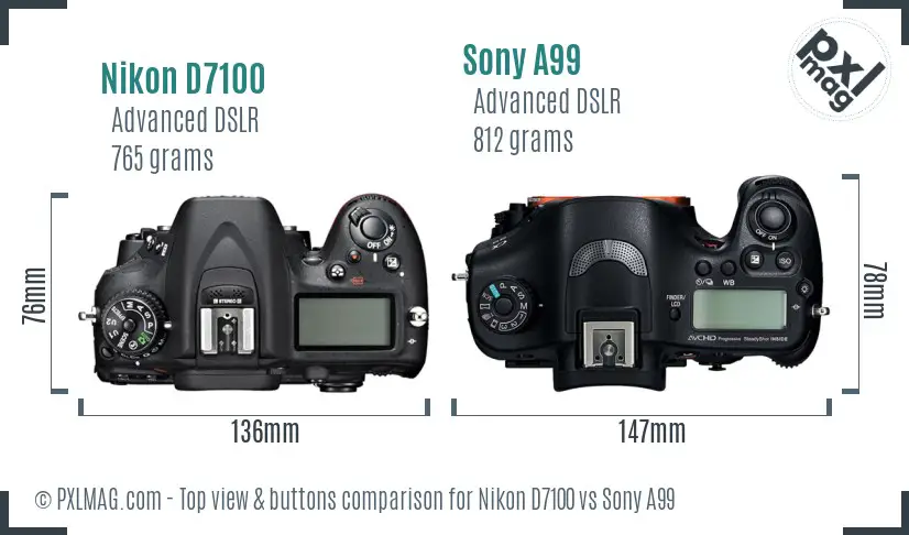 Nikon D7100 vs Sony A99 top view buttons comparison