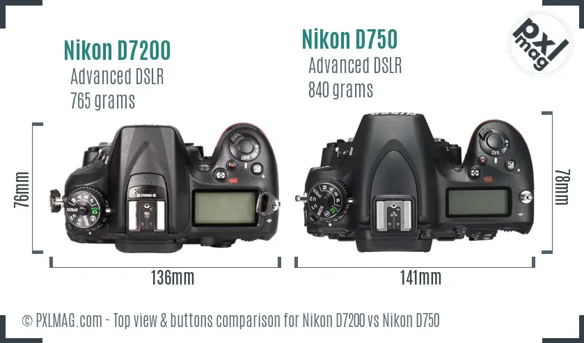 Nikon D7200 vs Nikon D750 top view buttons comparison