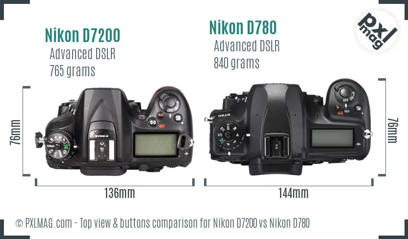 Nikon D7200 vs Nikon D780 top view buttons comparison