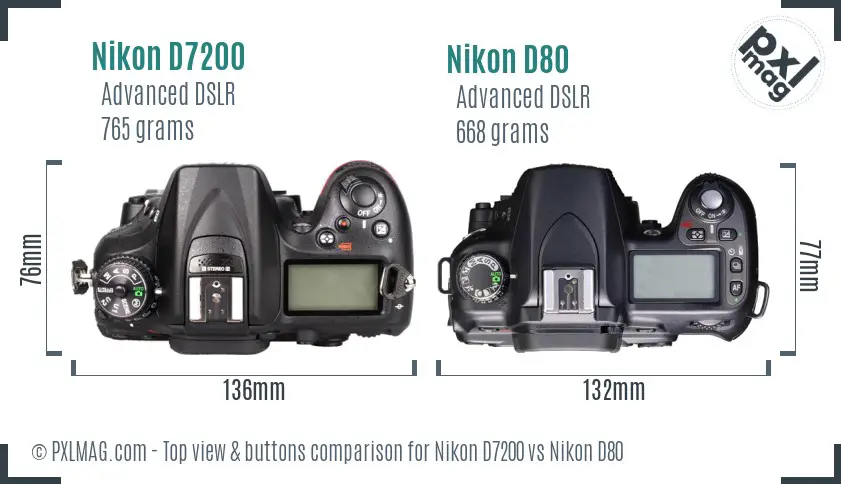 Nikon D7200 vs Nikon D80 top view buttons comparison