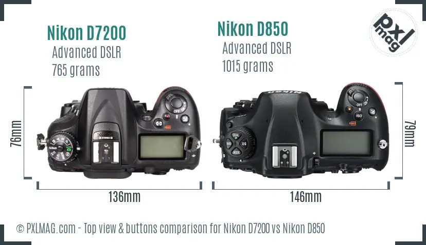 Nikon D7200 vs Nikon D850 top view buttons comparison
