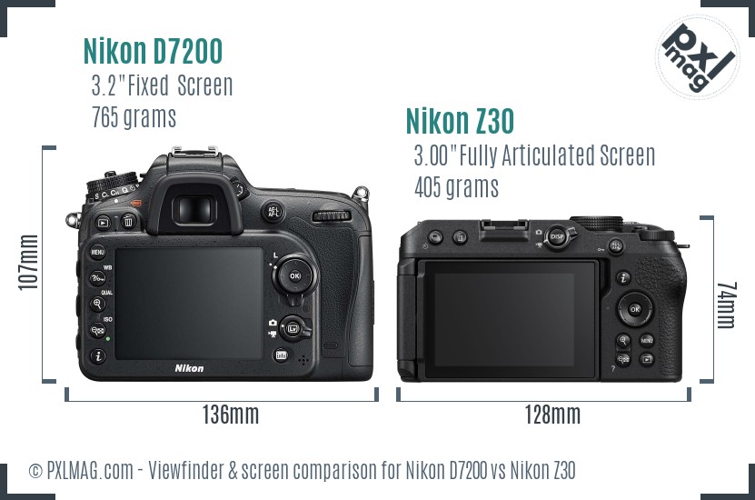 Nikon D7200 vs Nikon Z30 Screen and Viewfinder comparison