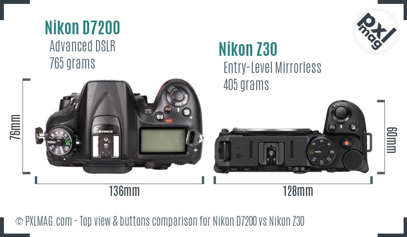 Nikon D7200 vs Nikon Z30 top view buttons comparison