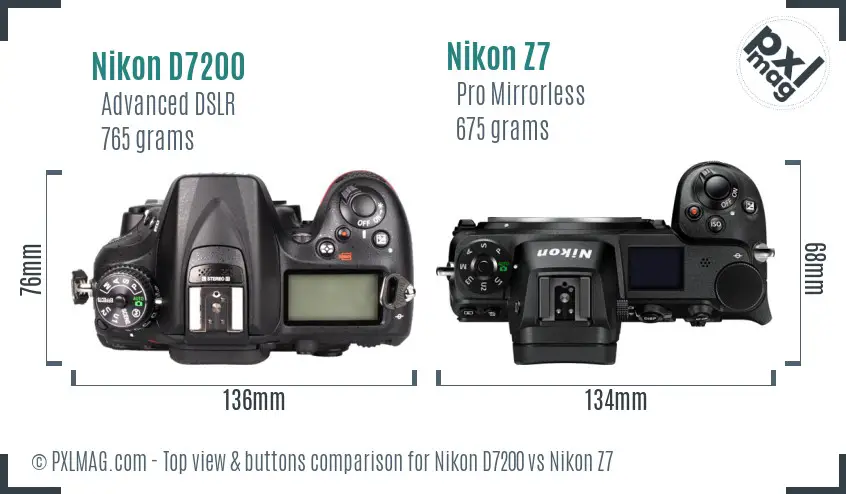 Nikon D7200 vs Nikon Z7 top view buttons comparison Nikon D7200 vs Nikon Z7 top view buttons comparison