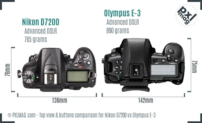 Nikon D7200 vs Olympus E-3 top view buttons comparison