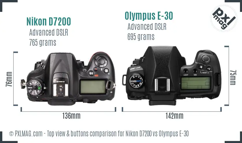 Nikon D7200 vs Olympus E-30 top view buttons comparison