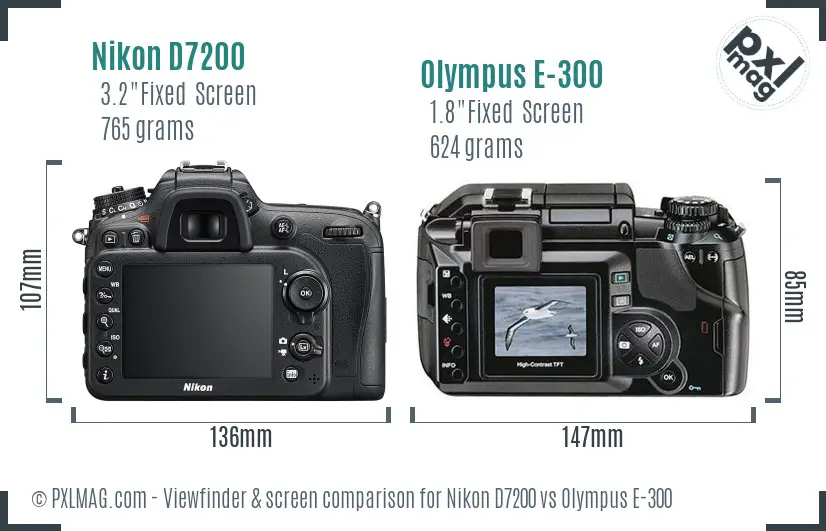 Nikon D7200 vs Olympus E-300 Screen and Viewfinder comparison
