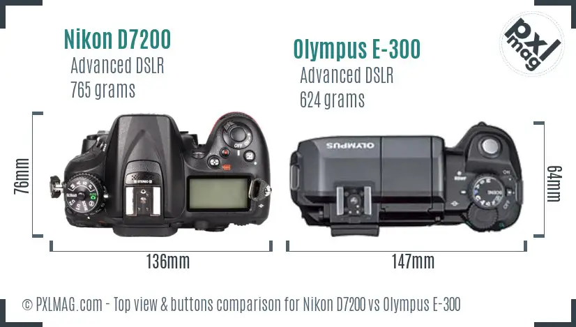Nikon D7200 vs Olympus E-300 top view buttons comparison