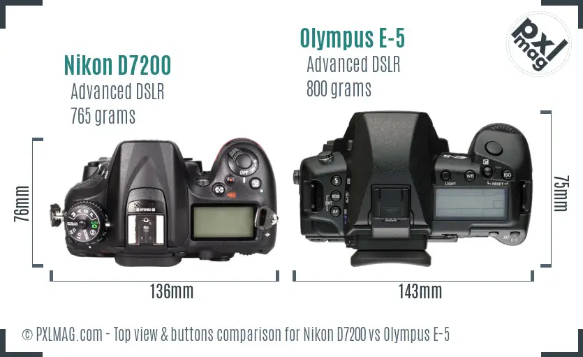 Nikon D7200 vs Olympus E-5 top view buttons comparison