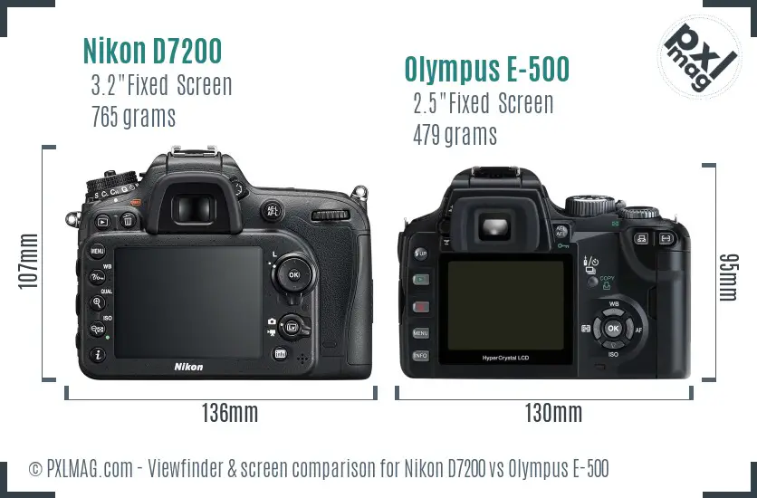 Nikon D7200 vs Olympus E-500 Screen and Viewfinder comparison