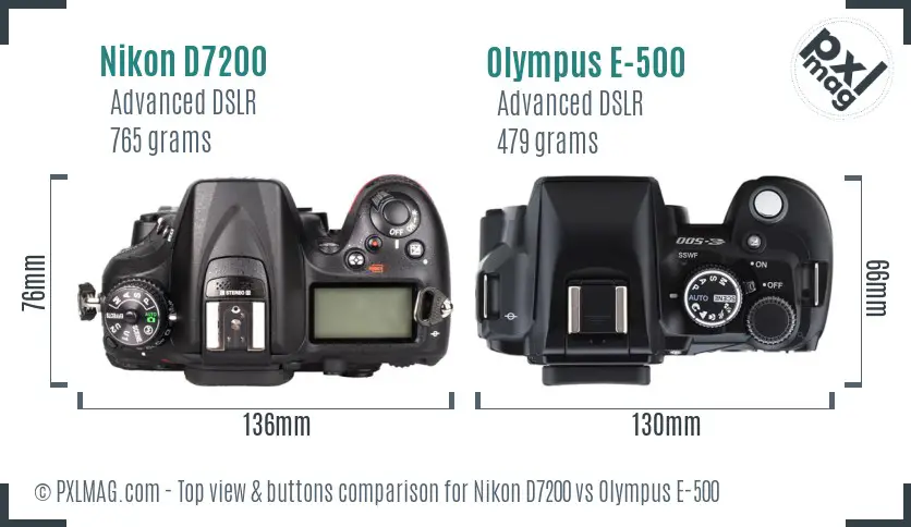 Nikon D7200 vs Olympus E-500 top view buttons comparison