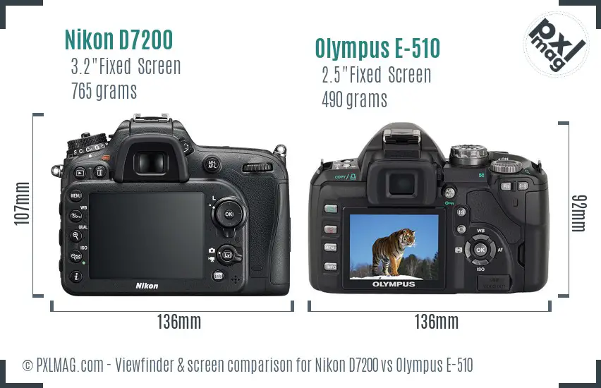 Nikon D7200 vs Olympus E-510 Screen and Viewfinder comparison