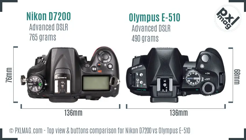 Nikon D7200 vs Olympus E-510 top view buttons comparison