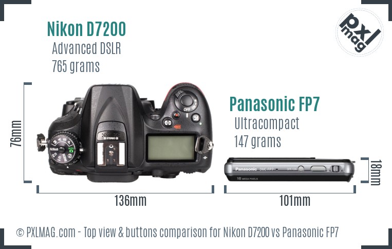 Nikon D7200 vs Panasonic FP7 top view buttons comparison
