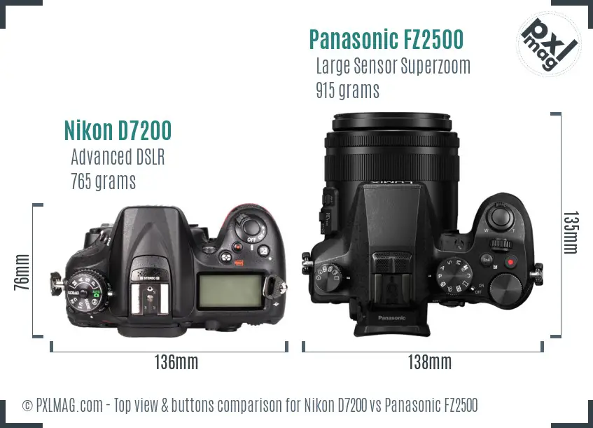 Nikon D7200 vs Panasonic FZ2500 top view buttons comparison