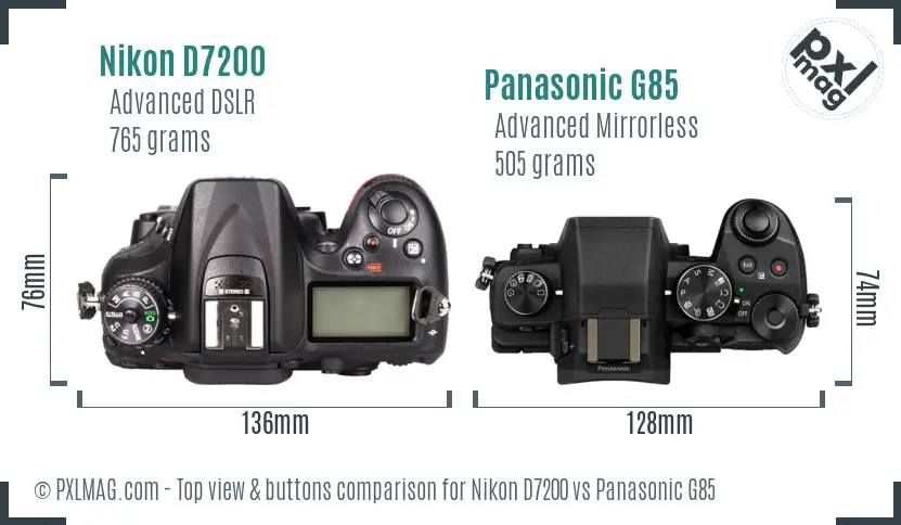 Nikon D7200 vs Panasonic G85 top view buttons comparison Nikon D7200 vs Panasonic G85 top view buttons comparison