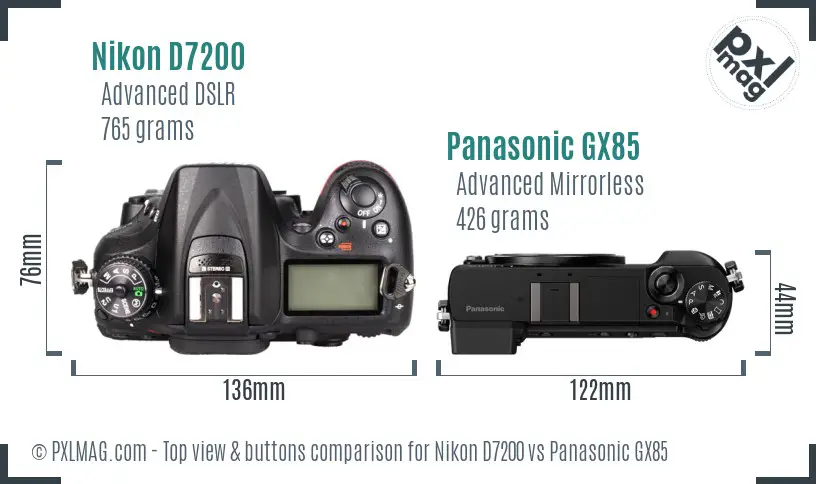 Nikon D7200 vs Panasonic GX85 top view buttons comparison Nikon D7200 vs Panasonic GX85 top view buttons comparison
