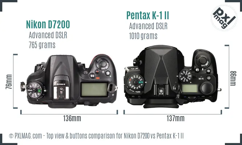 Nikon D7200 vs Pentax K-1 II top view buttons comparison