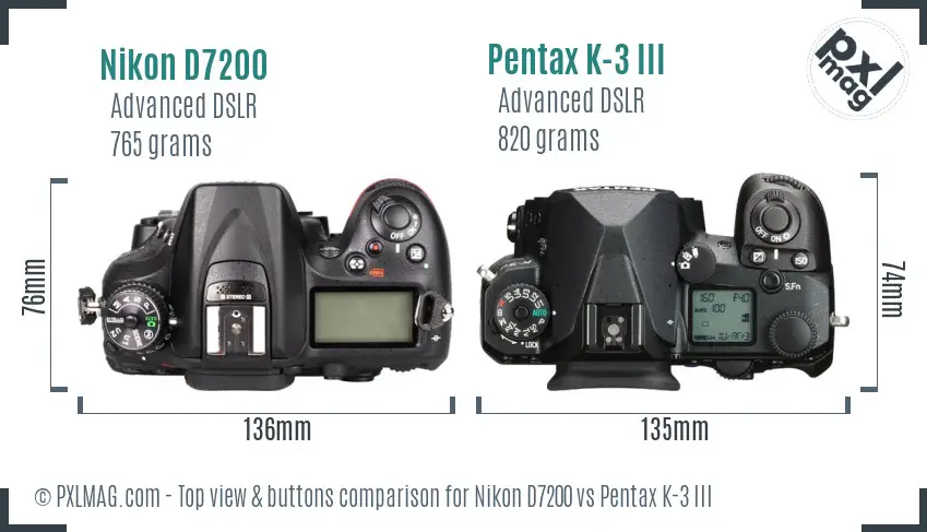 Nikon D7200 vs Pentax K-3 III top view buttons comparison