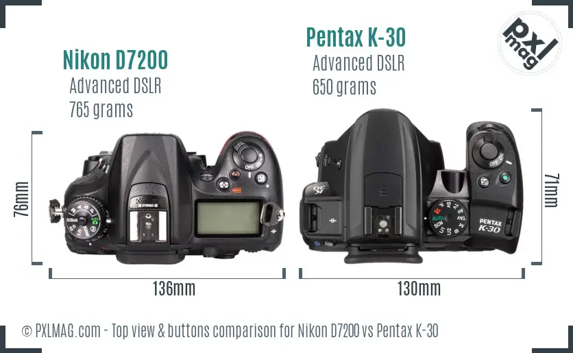 Nikon D7200 vs Pentax K-30 top view buttons comparison