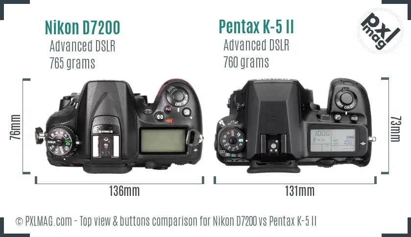 Nikon D7200 vs Pentax K-5 II top view buttons comparison