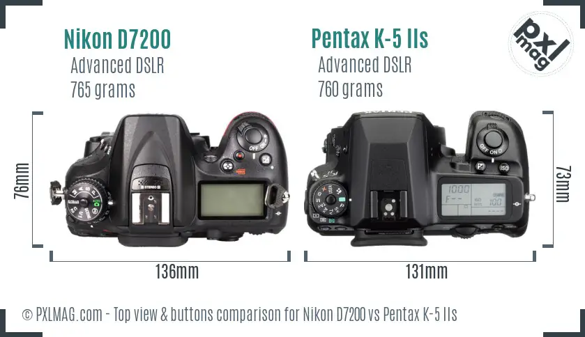 Nikon D7200 vs Pentax K-5 IIs top view buttons comparison