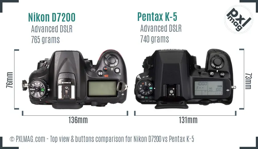 Nikon D7200 vs Pentax K-5 top view buttons comparison