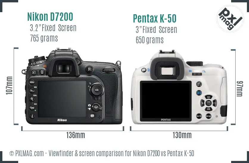 Nikon D7200 vs Pentax K-50 Screen and Viewfinder comparison