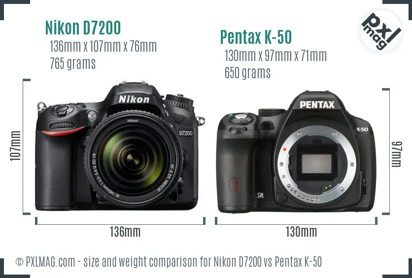 Nikon D7200 vs Pentax K-50 size comparison