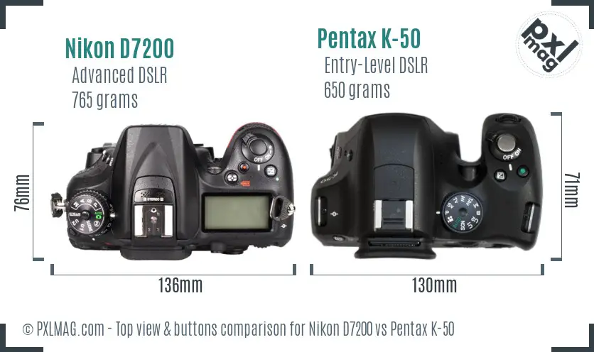 Nikon D7200 vs Pentax K-50 top view buttons comparison