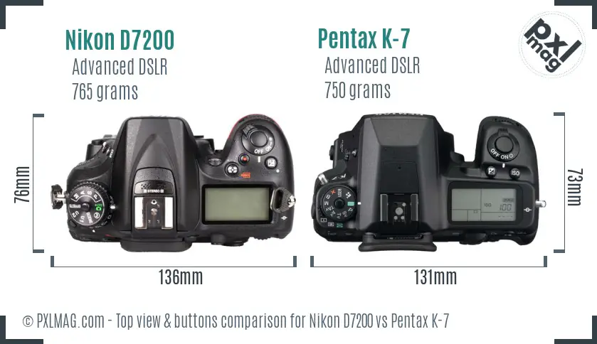 Nikon D7200 vs Pentax K-7 top view buttons comparison