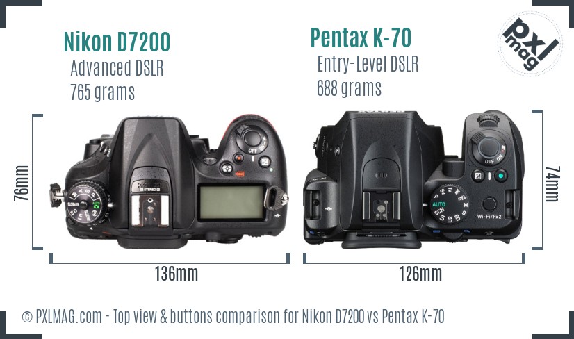 Nikon D7200 vs Pentax K-70 top view buttons comparison