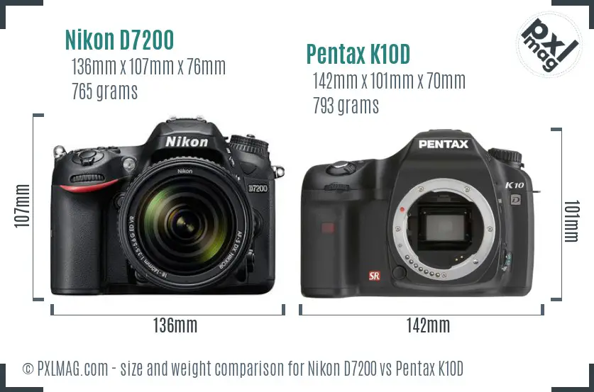 Nikon D7200 vs Pentax K10D size comparison