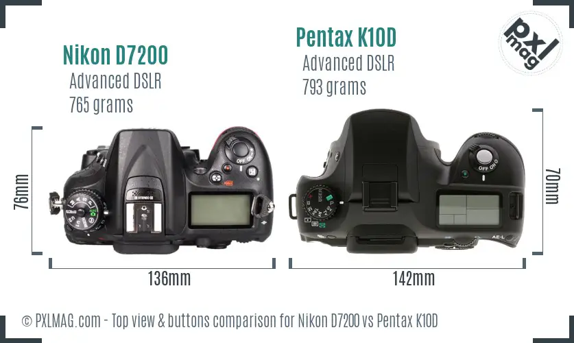 Nikon D7200 vs Pentax K10D top view buttons comparison